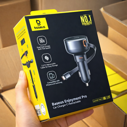 Baseus 60W Dual USB Car Charger with Retractable Type-C Cable