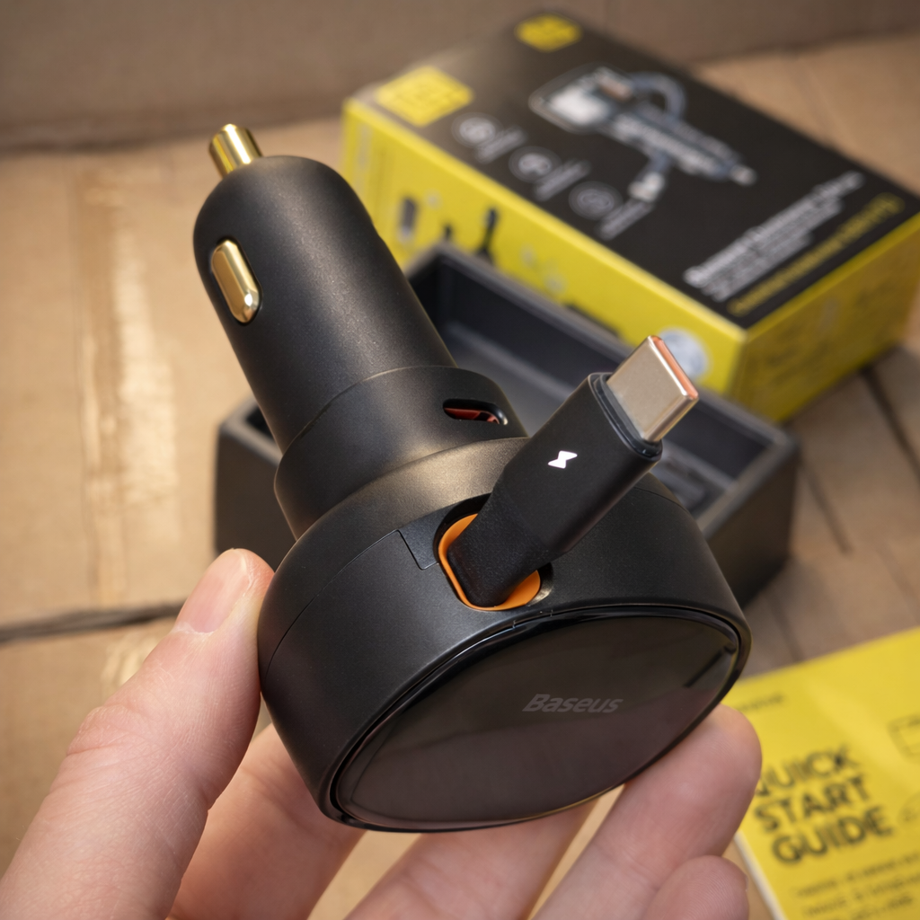 Baseus 60W Dual USB Car Charger with Retractable Type-C Cable