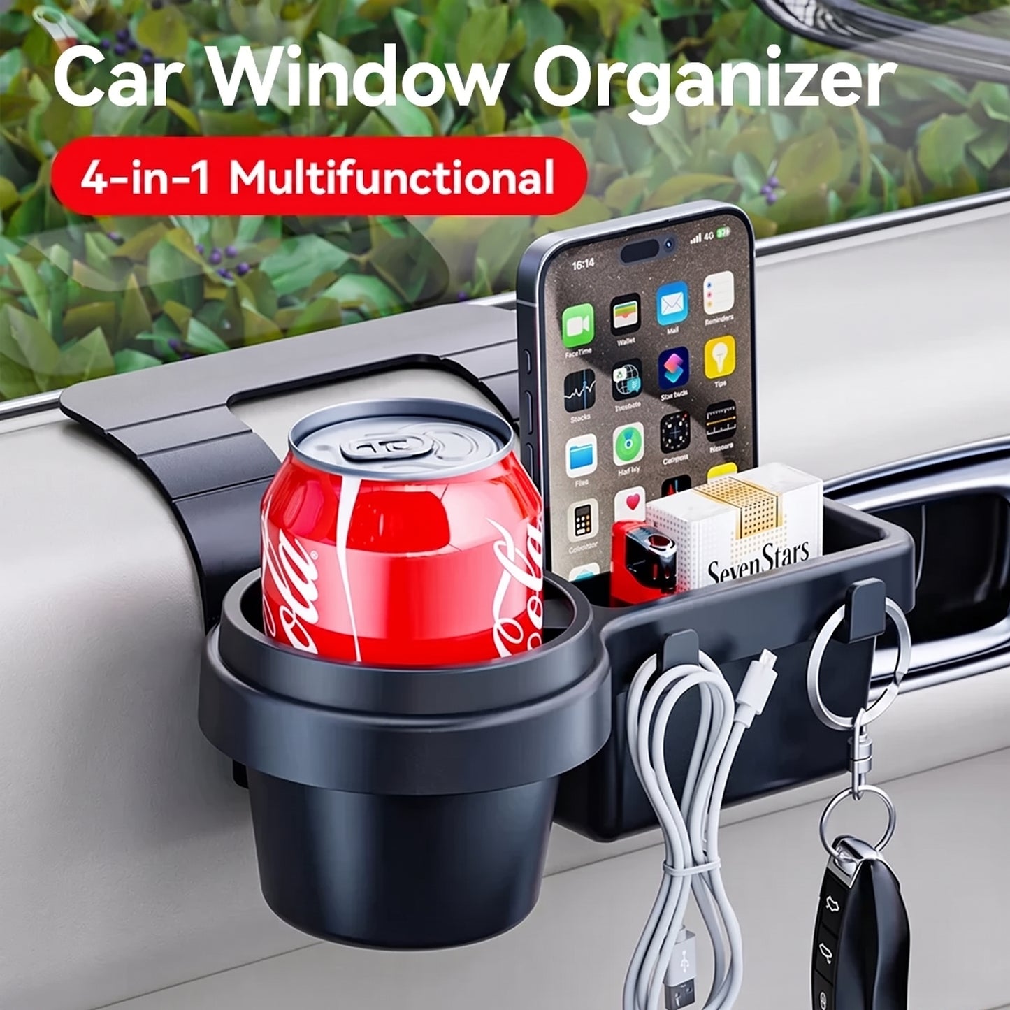 4-in-1 Car Window Storage Organizer , Phone & Cup Holder Tray