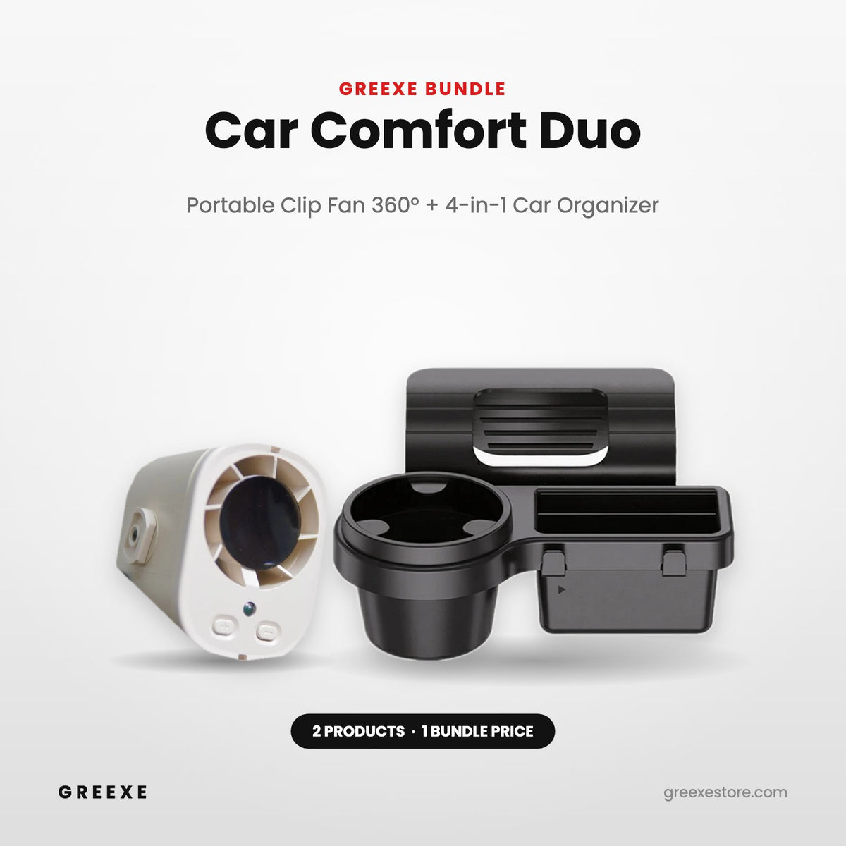 GREEXE Car Comfort Duo bundle – Portable Car Clip Fan 360° and 4-in-1 Car Window Organizer