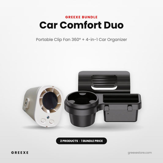 GREEXE Car Comfort Duo bundle – Portable Car Clip Fan 360° and 4-in-1 Car Window Organizer