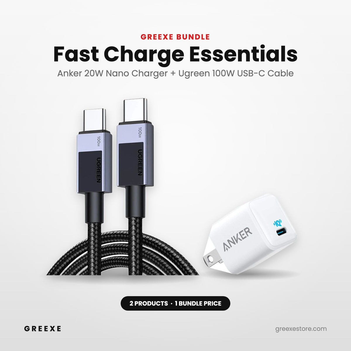 GREEXE Fast Charge Essentials – Anker 20W Nano charger and Ugreen 100W USB-C cable