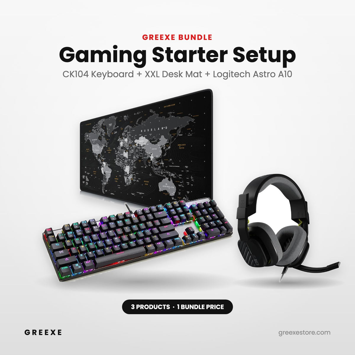 GREEXE Gaming Starter Setup – Motospeed CK104 keyboard, XXL desk mat and Logitech Astro A10 headset