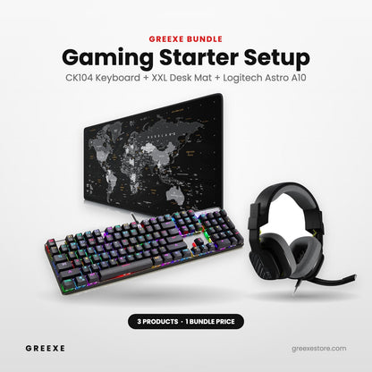 GREEXE Gaming Starter Setup – Motospeed CK104 keyboard, XXL desk mat and Logitech Astro A10 headset