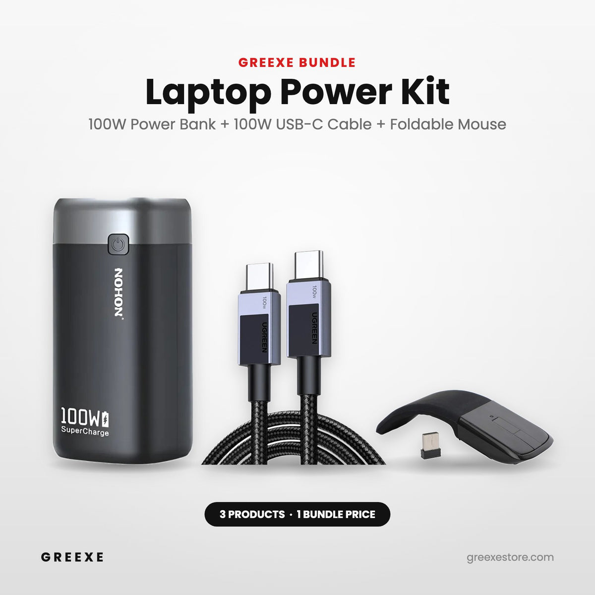 GREEXE Laptop Power Kit – 100W power bank, 100W USB-C cable and foldable wireless mouse