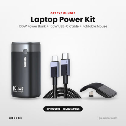 GREEXE Laptop Power Kit – 100W power bank, 100W USB-C cable and foldable wireless mouse