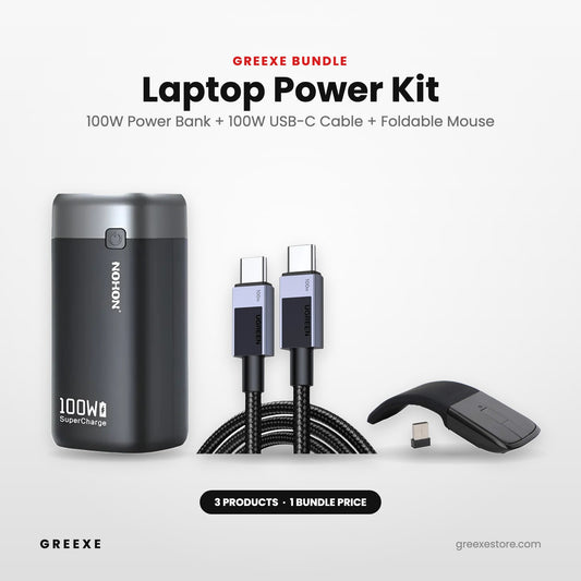 GREEXE Laptop Power Kit – 100W power bank, 100W USB-C cable and foldable wireless mouse