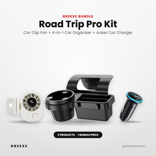 GREEXE Road Trip Pro Kit – car clip fan, 4-in-1 car window organizer and Anker car charger