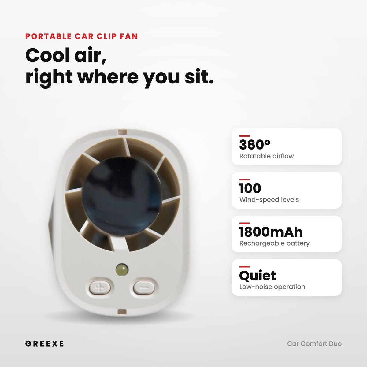Portable car clip fan – 360° rotatable, 100 wind-speed levels, 1800mAh battery, low noise