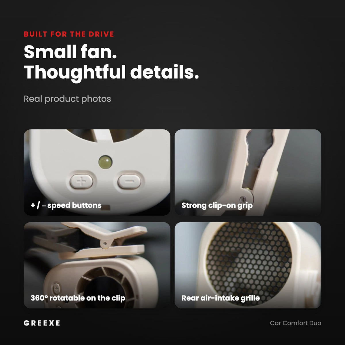 Clip fan details – speed buttons, spring clip, rotation on the clip and rear grille