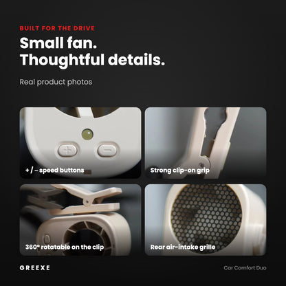 Clip fan details – speed buttons, spring clip, rotation on the clip and rear grille