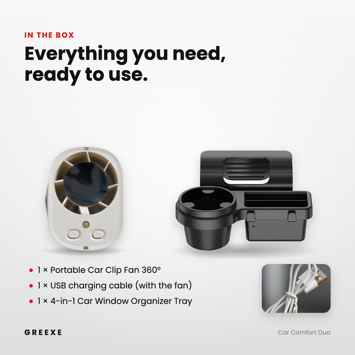 In the box – clip fan, USB charging cable and 4-in-1 car window organizer