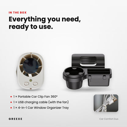 In the box – clip fan, USB charging cable and 4-in-1 car window organizer