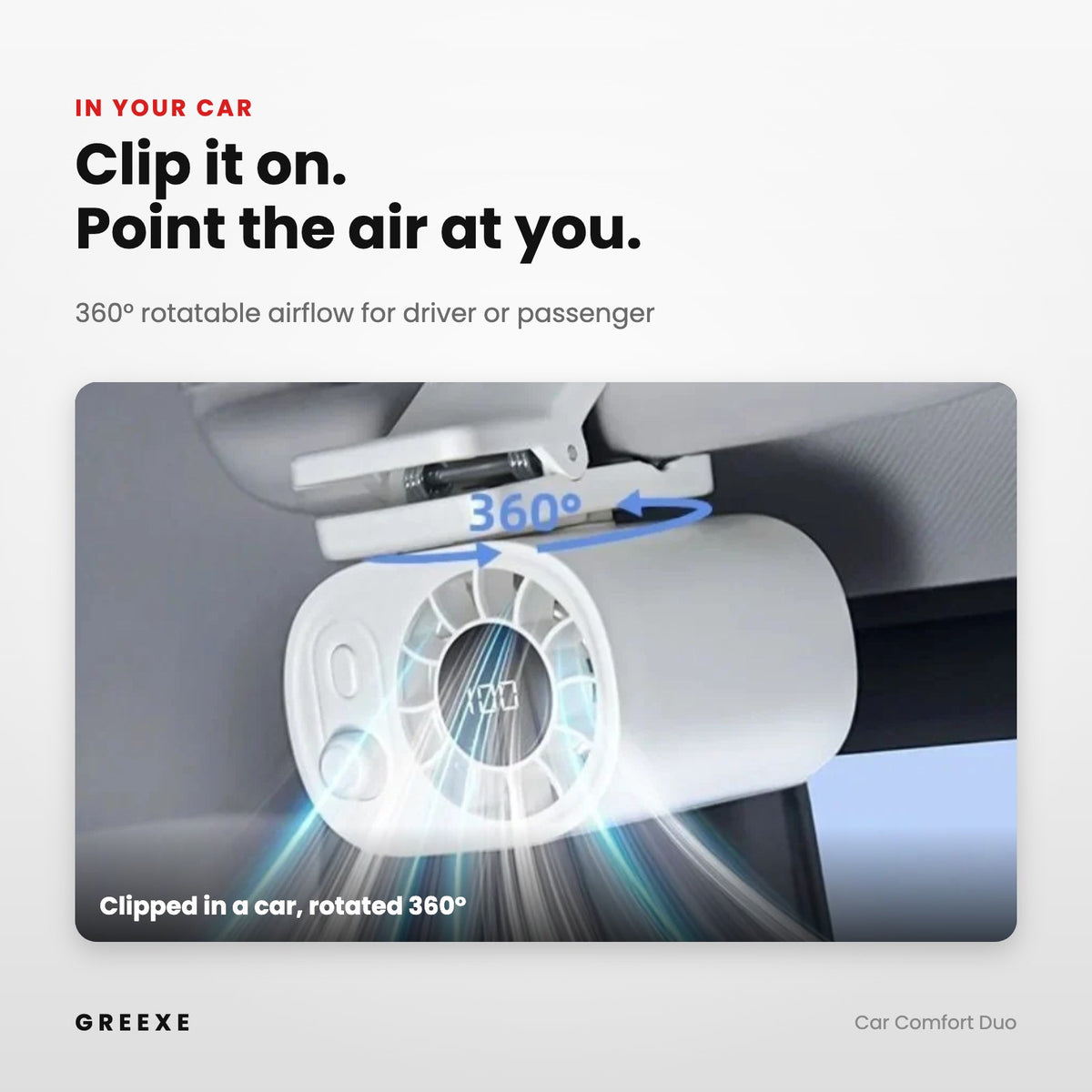 Portable clip fan clipped in a car, rotating 360° to point airflow at the driver