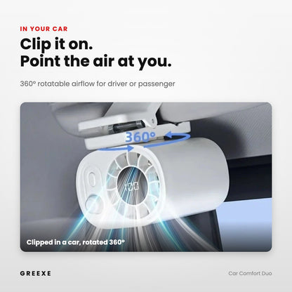 Portable clip fan clipped in a car, rotating 360° to point airflow at the driver