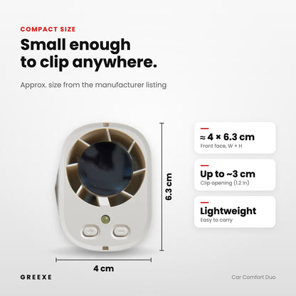 Clip fan size – about 4 × 6.3 cm front face, clip opens up to about 3 cm